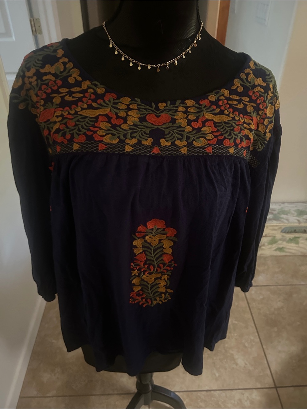 Papaya Navy Peasant Blouse with Multicolor Floral Embroidery